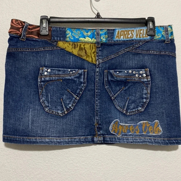 Apres Velo Denim Skirt Bicycle Patchwork Mini Low Rise Bicycle Size 12 - Picture 8 of 14